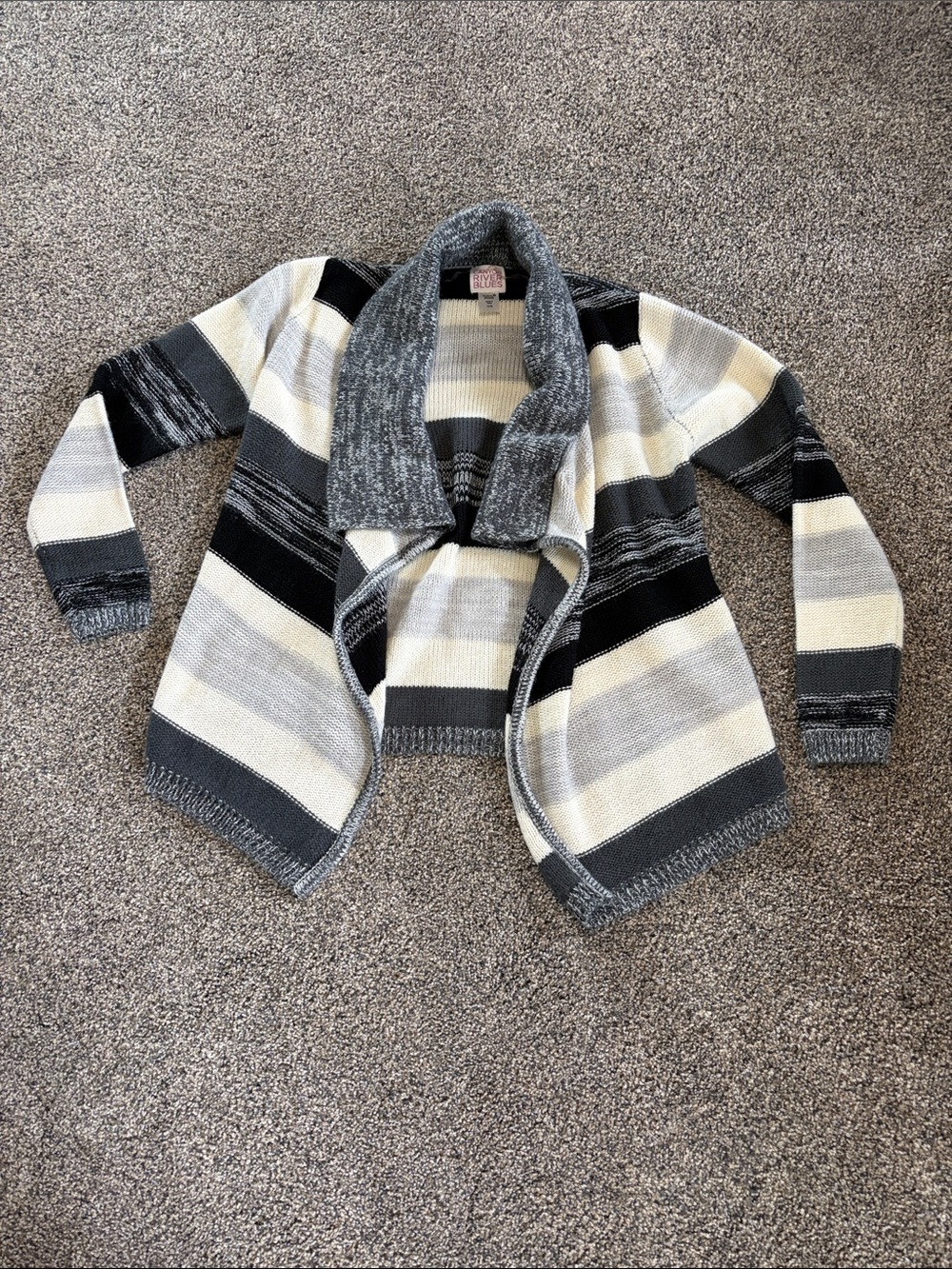 Girls Canyon River Blues Black, Gray & Cream Striped Open Cardigan Size L 14